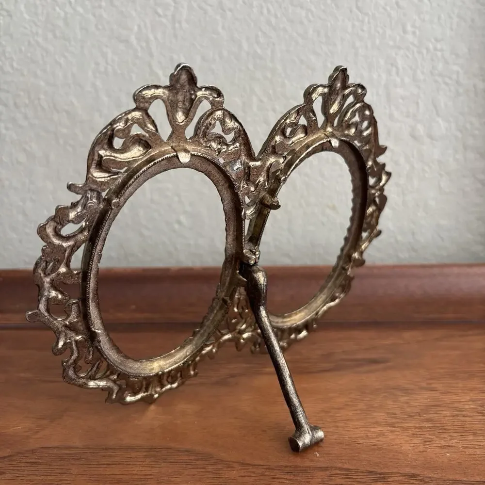 Vintage Gold Picture Frame Double Ornate Oval Art Decor Miniature Home